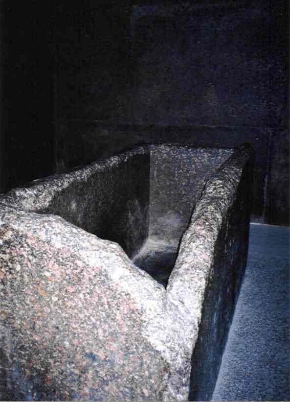This is the sarcophagus in the King's chamber which is made of a solid piece of granite. The corner was broken off centuries ago. The accuracy and smoothness of the walls and floor of the sarcophagus is just incredible. Another bizarre fact is that the sarcophagus is too big to have been brought into the chamber via the entrance passage, so it must have been placed in the chamber at the time the pyramid was built.